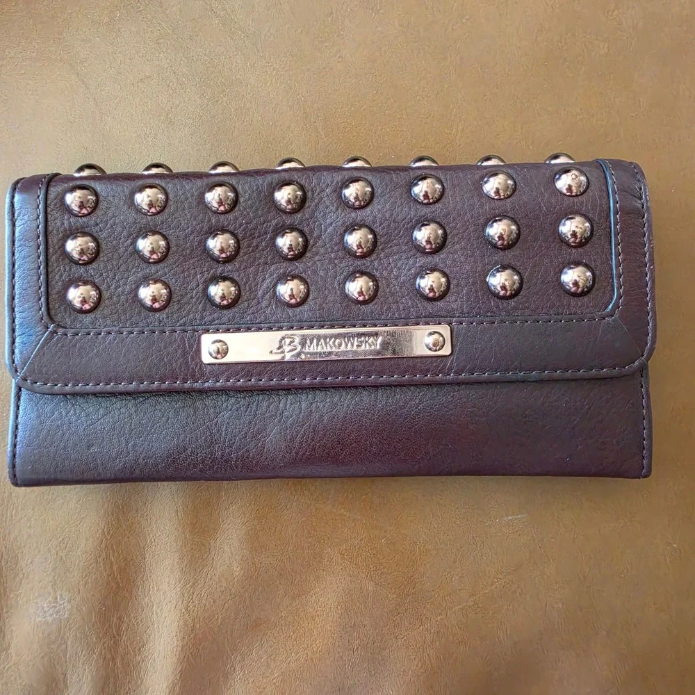 B Makowsky Brown Leather Studded Continental Wallet Leopard Print Lining